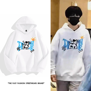 【张桂源同款】卡通涂鸦小狗印花连帽卫衣男女情侣秋冬季加绒外套