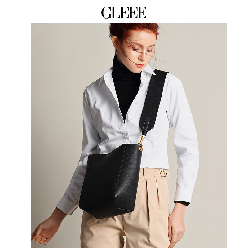 网红款GLEEE真皮水桶包2根宽肩带单肩斜跨女包sangle牛皮子母包