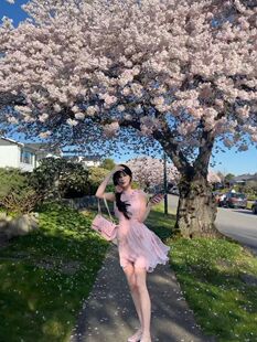 度假 仙粉色碎花收腰真丝挂脖连衣裙短款 green大姐姐 赏樱少女