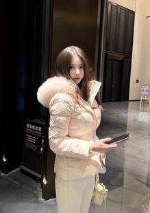 green大姐姐 收腰显瘦短连帽鸭绒外套狐狸毛领 韩女粉色羽绒服