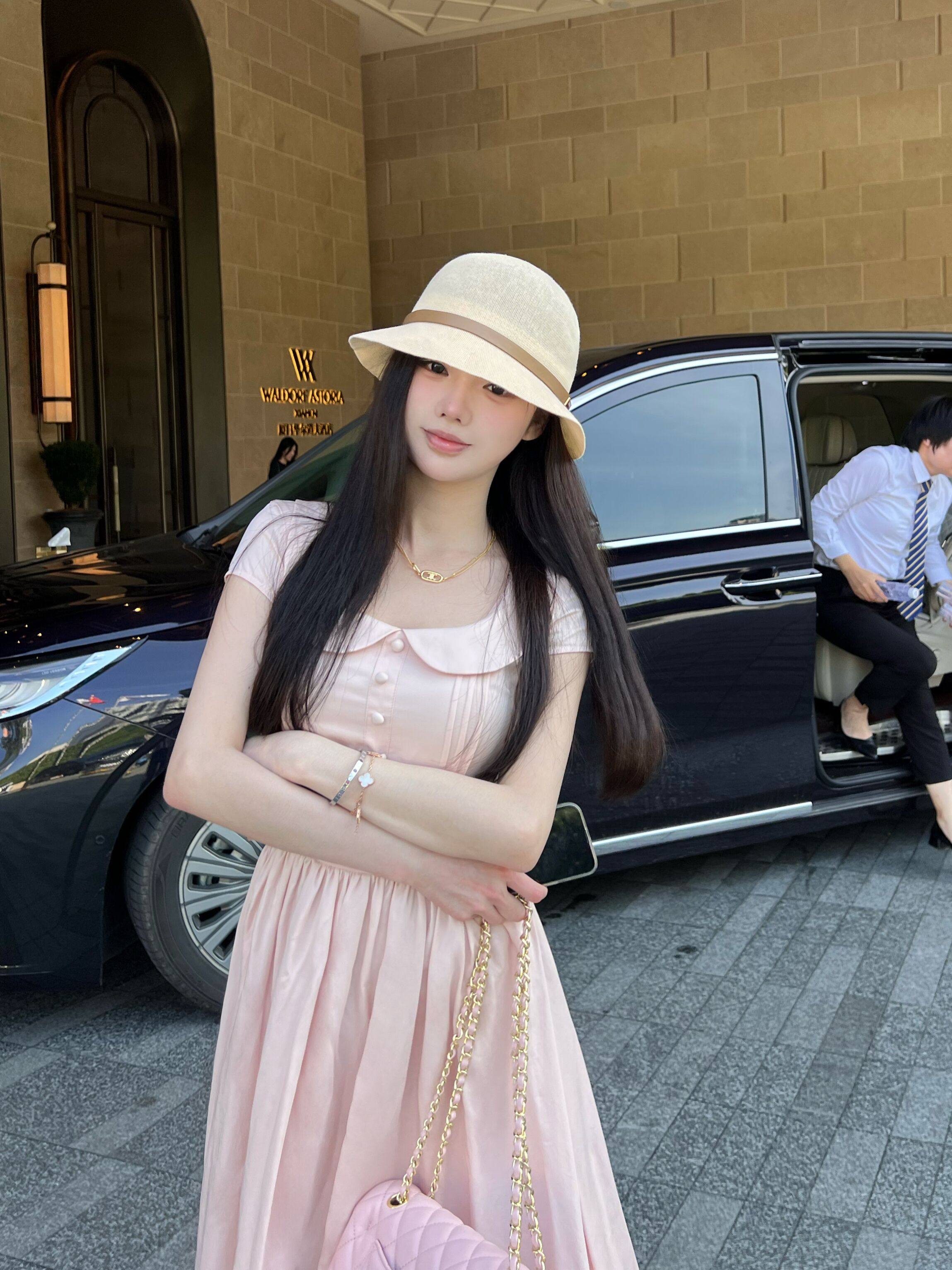 green大姐姐【粉显白茶】乖少女气质小百花娃娃领收腰连衣裙长款