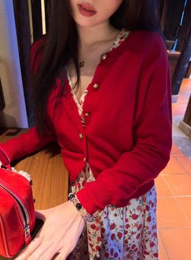 green大姐姐【韩女温柔】红色V领针织开衫秋季百搭薄外套