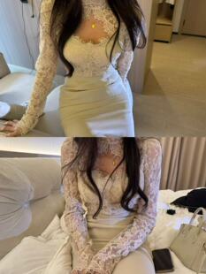 长袖 蕾丝拼接V领修身 包臀连衣裙中长 心机温柔美学 green大姐姐