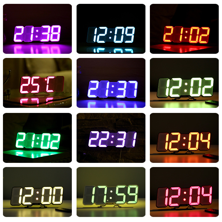 变色LED时钟数字钟 3D立体时尚挂墙座钟遥控温度闹钟声控时钟表 居家日用 挂钟 原图主图