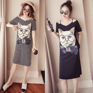 夏季短袖睡衣女性感吊带卡通露肩连衣睡裙条纹纯棉夏天外穿家居服