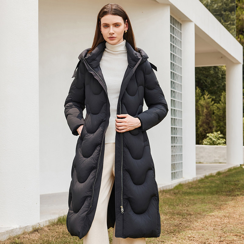 鹅绒服外套时尚连帽长款羽绒服女黑色收腰显瘦保暖外套169A0