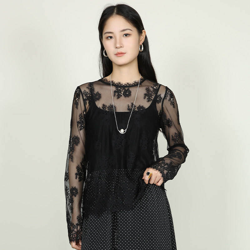 梵凯秋黑色蕾丝网纱透视打底衫