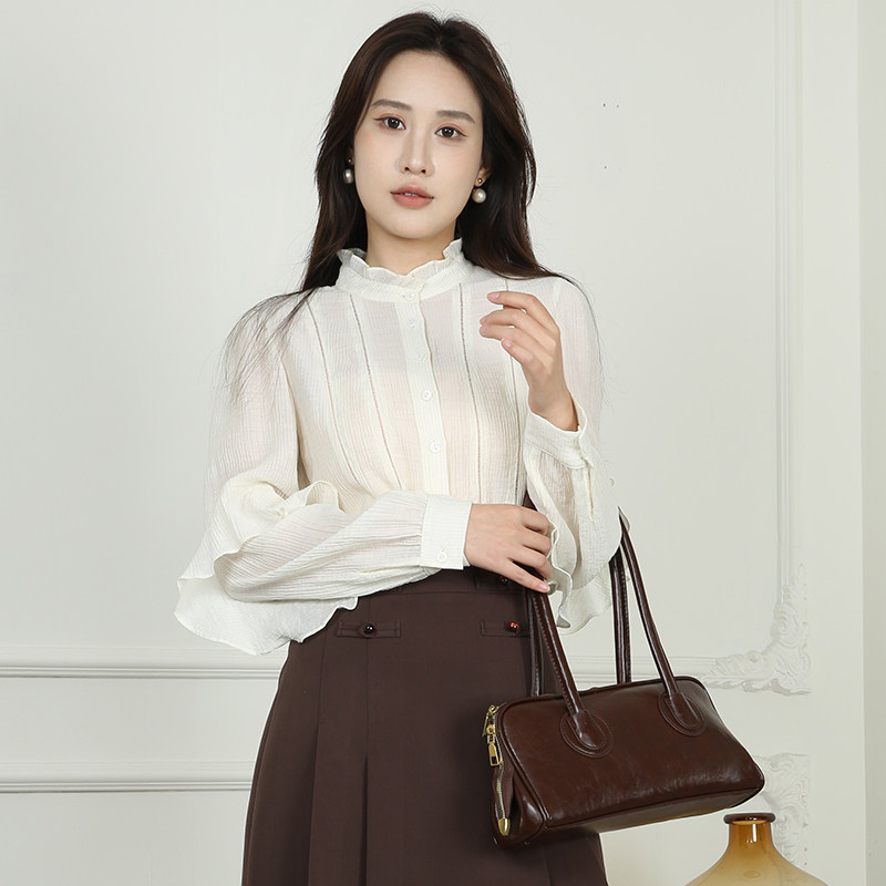 梵凯衬衣女2025秋法式花边立领薄款衬衫荷叶边长袖雪纺衬衣上衣女