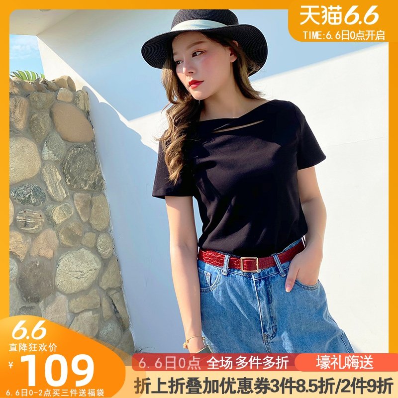 梵凯t恤女短袖2020夏装新款黑色t恤女时尚洋气定制款一字领上衣