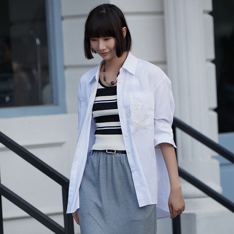 梵凯衬衣女2025夏法式休闲刺绣订珠宽松长款六分袖衬衣防晒外套