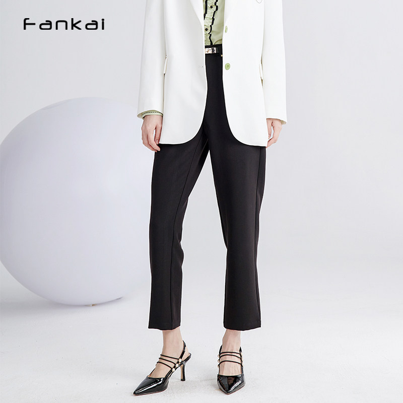 梵凯休闲西裤女2023年秋黑色烟管裤垂感配腰带绿色九分裤简约通勤