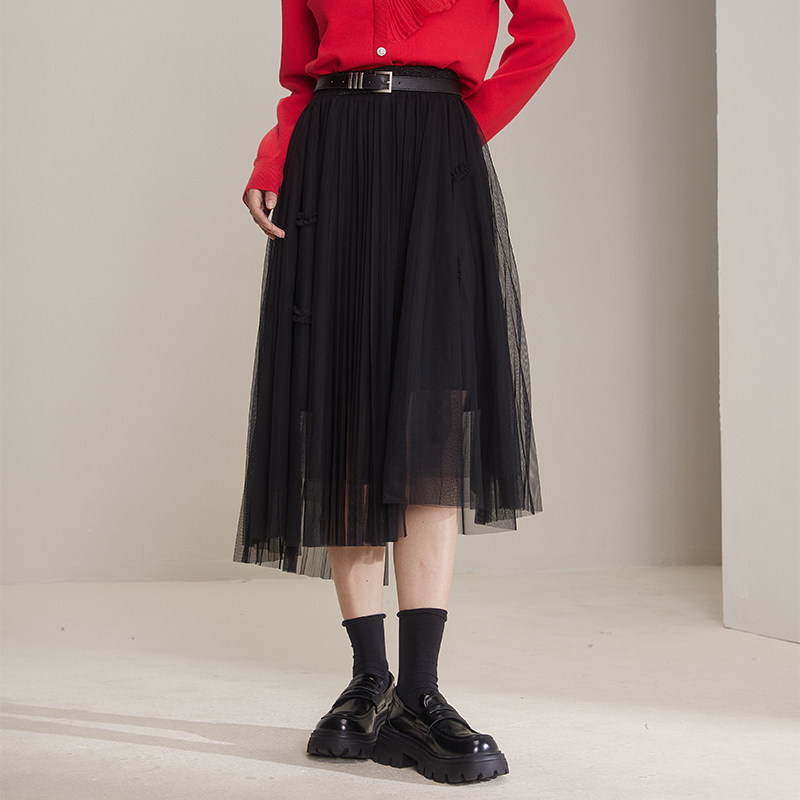 梵凯半身裙2024冬百褶松紧腰设计感半身裙秋冬气质优雅A字半裙