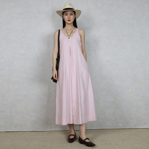 梵凯夏季度假风棉麻背心长连衣裙