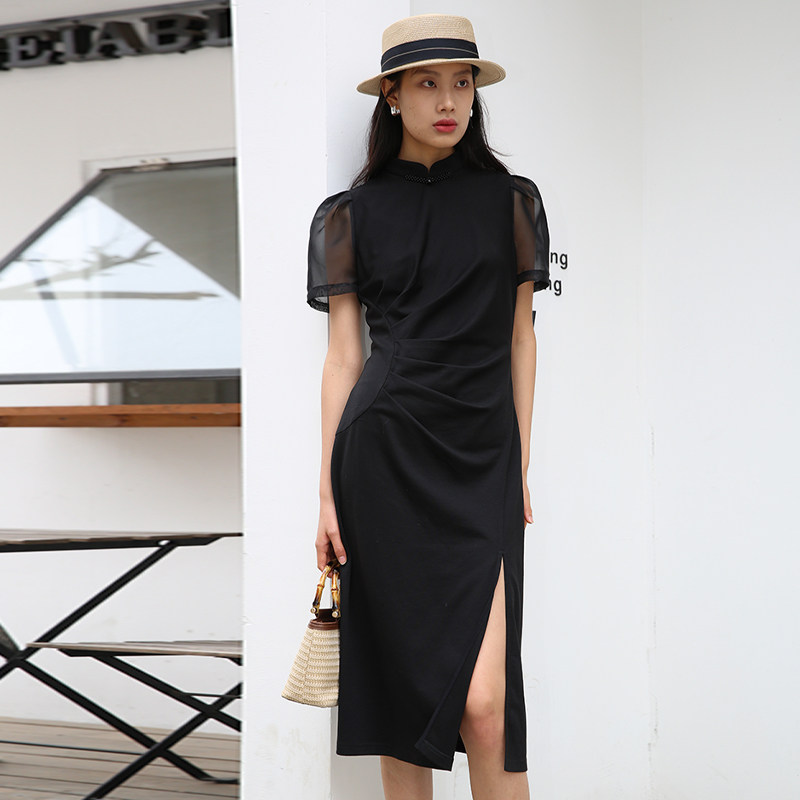 梵凯连衣裙2025夏复古国风网纱短袖褶皱收腰修身新中式中长连衣裙