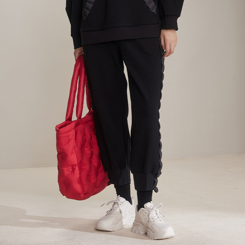 梵凯休闲裤女2024冬时尚拼接夹棉竖条束脚松紧休闲九分裤冬季加绒