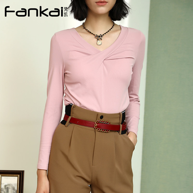 梵凯外穿打底衫新款女春款洋气设计感长袖t恤女上衣定制款v领上衣
