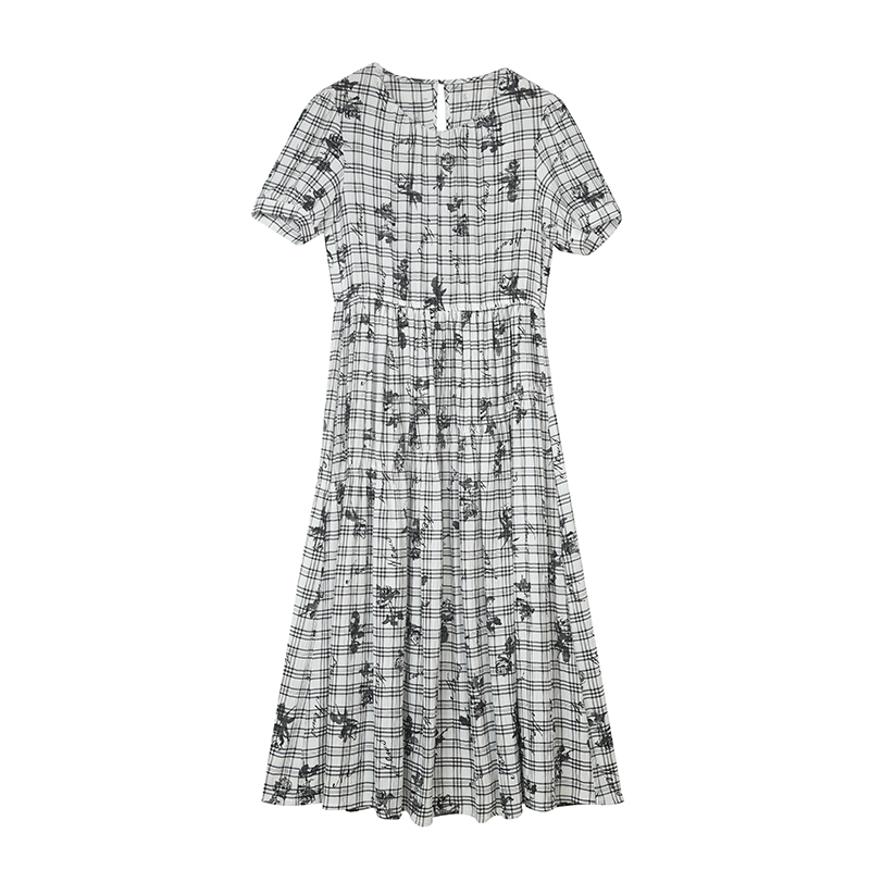 梵凯夏优雅黑白格圆领短袖连衣裙