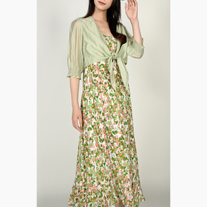 梵凯两件套装女2024夏莱赛尔轻薄上衣外套加吊带碎花连衣裙套装