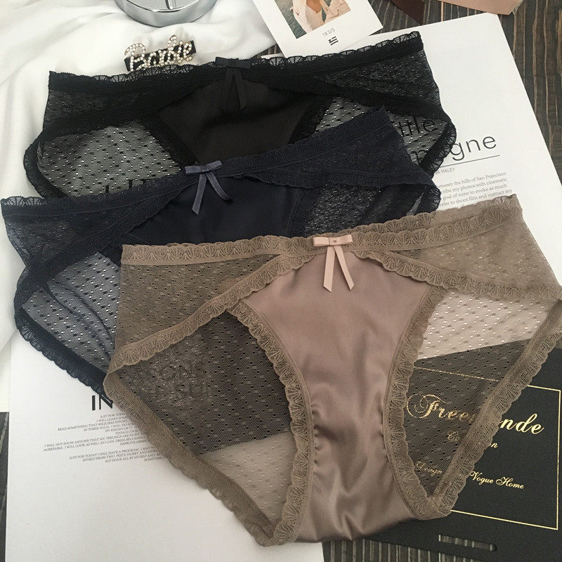 复古咖啡色绸缎蕾丝低腰女士内裤时尚黑色网纱性感三角裤头女新品