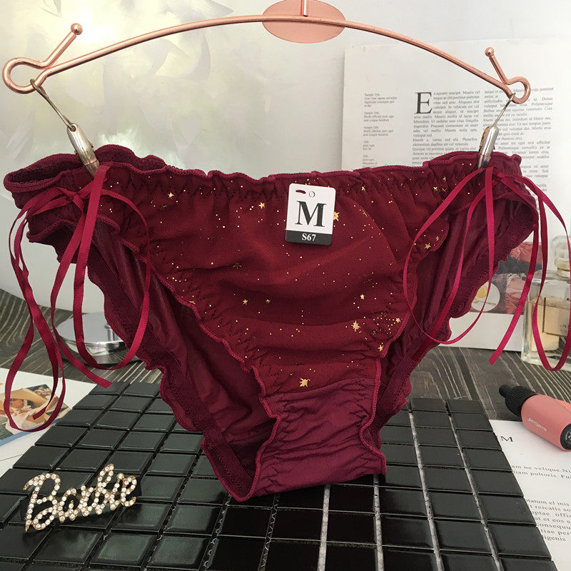 2019ins酒红色牛奶丝唯美少女内裤日系蝴蝶结可爱低腰三角裤新品