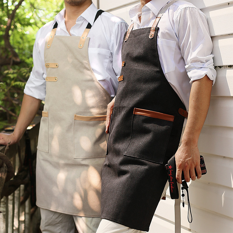 美式工业风帆布围裙创意皮革餐饮烧烤店咖啡厅理发店烘培印制logo