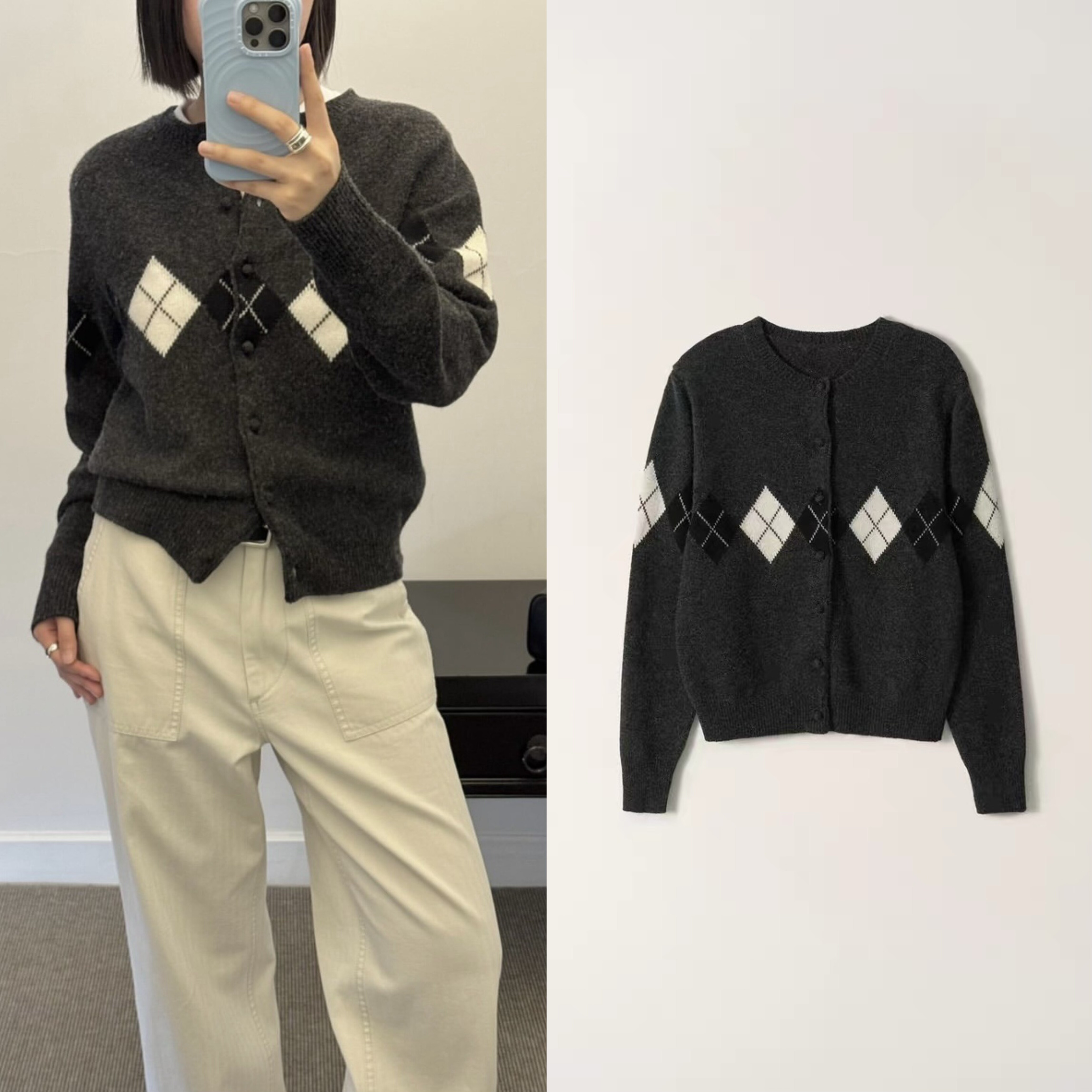 韩国小众品牌nothing written毛衣女秋冬季圆领菱格羊毛针织开衫