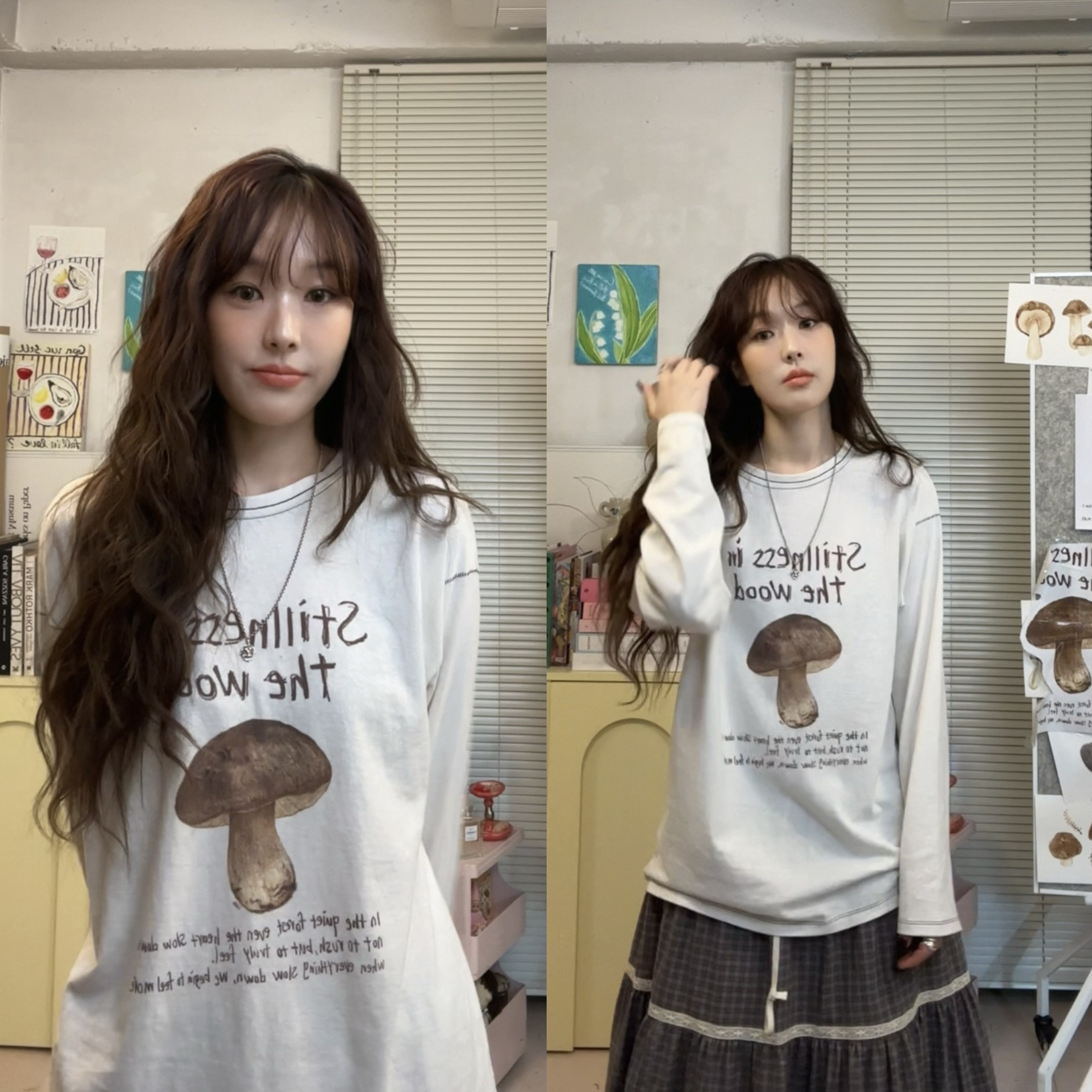韩国品牌 fletta 25秋冬新款复古长袖圆领蘑菇图案T恤长袖上衣女