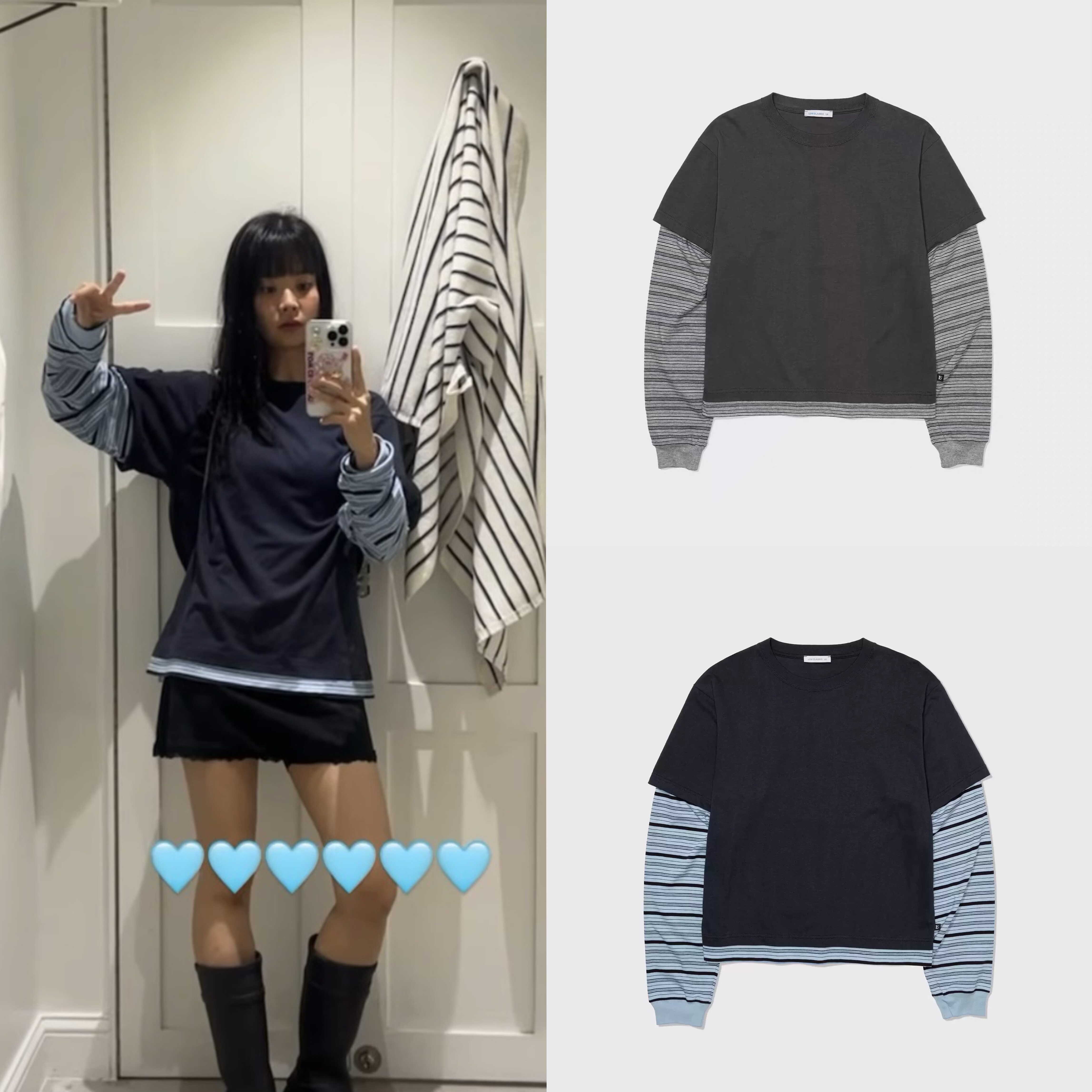 现货2025韩国品牌low classic 女秋季假两件拼接条纹圆领百搭长袖