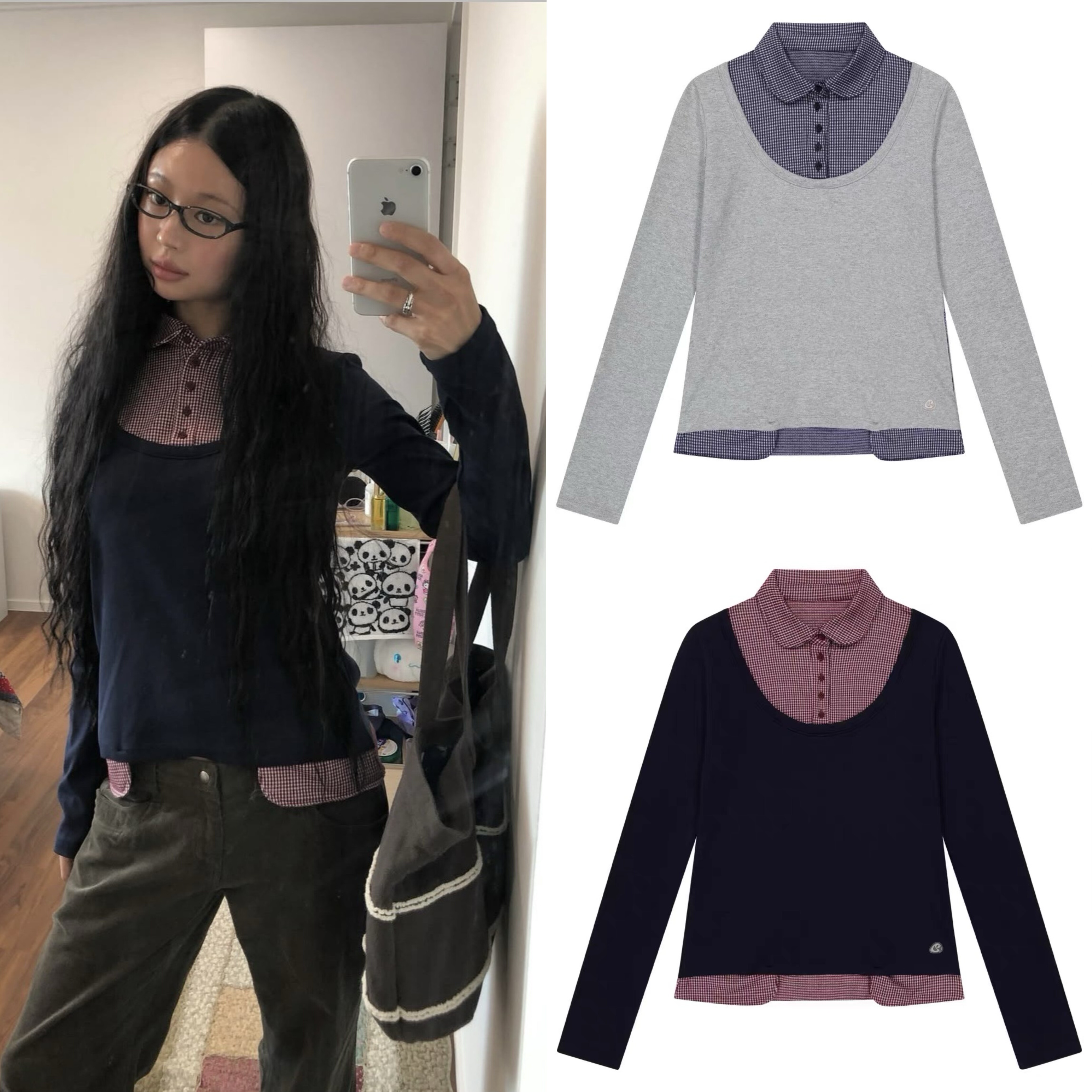 现货 coyseio 日系格纹拼接假两件两面穿修身显瘦百搭长袖T恤上衣
