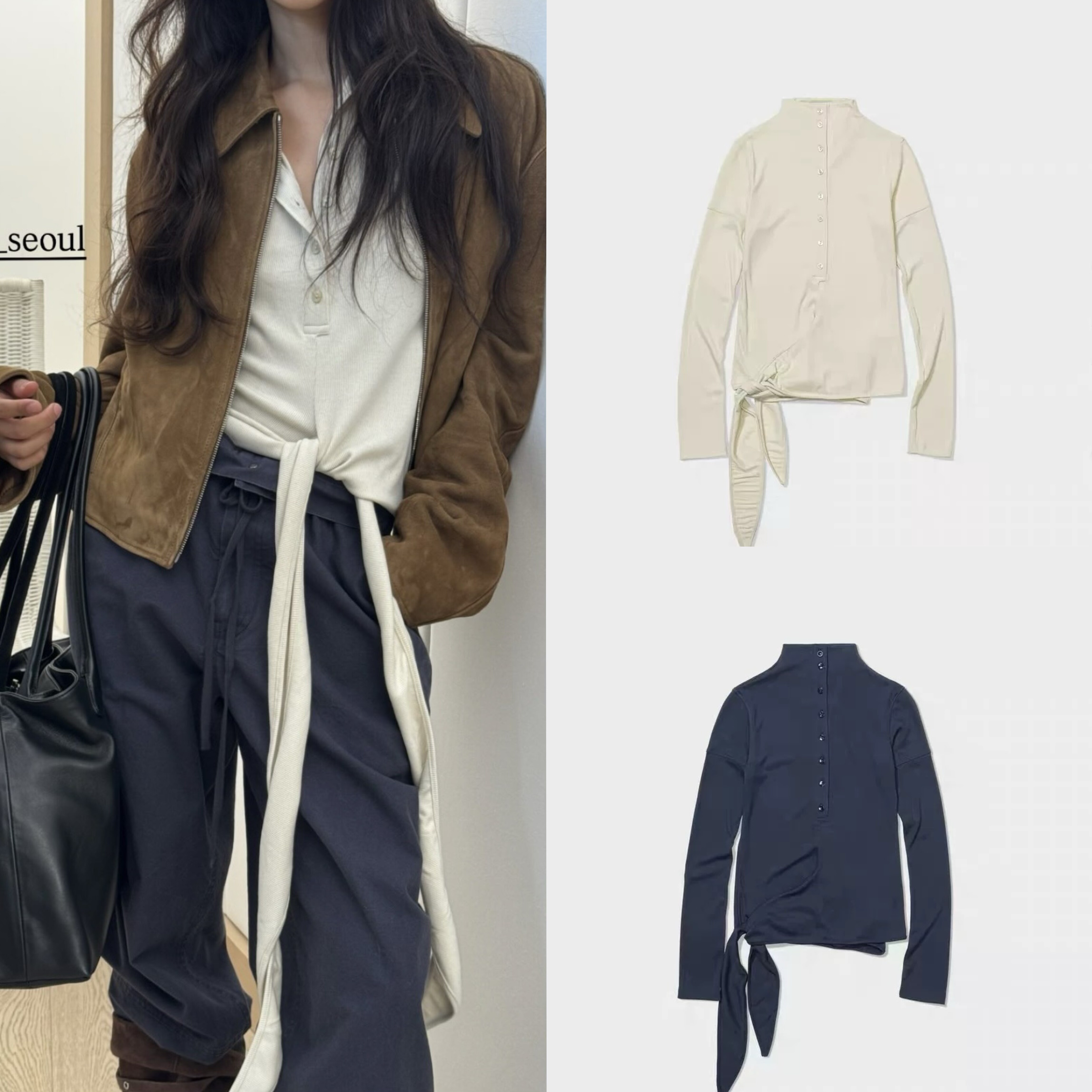 现货 韩国小众LOW CLASSIC 新款BUTTON UP WRAP系扣绑带长袖T恤