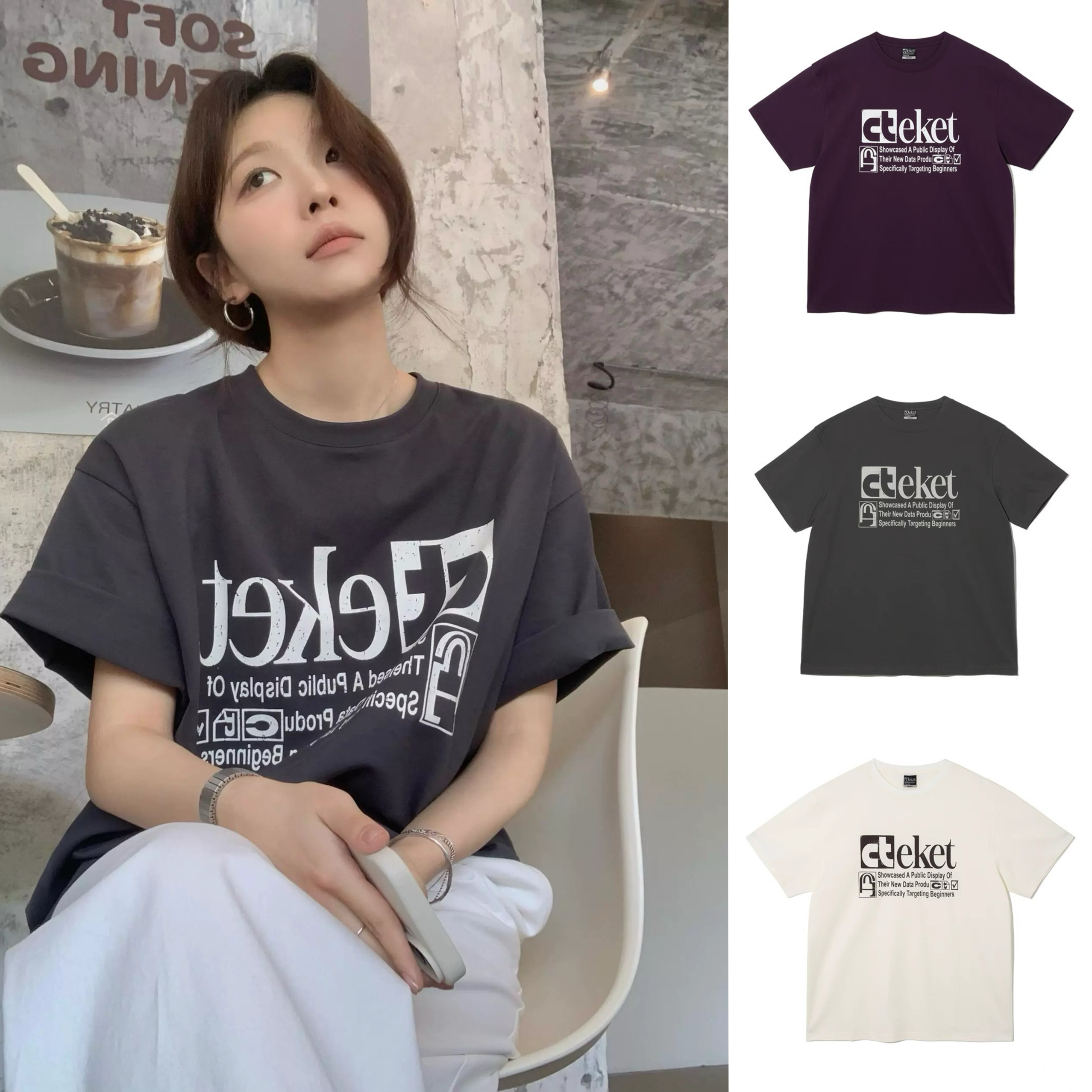 现2025夏季新款Teket韩国小众品牌女时尚复古字母印花圆领短袖T恤