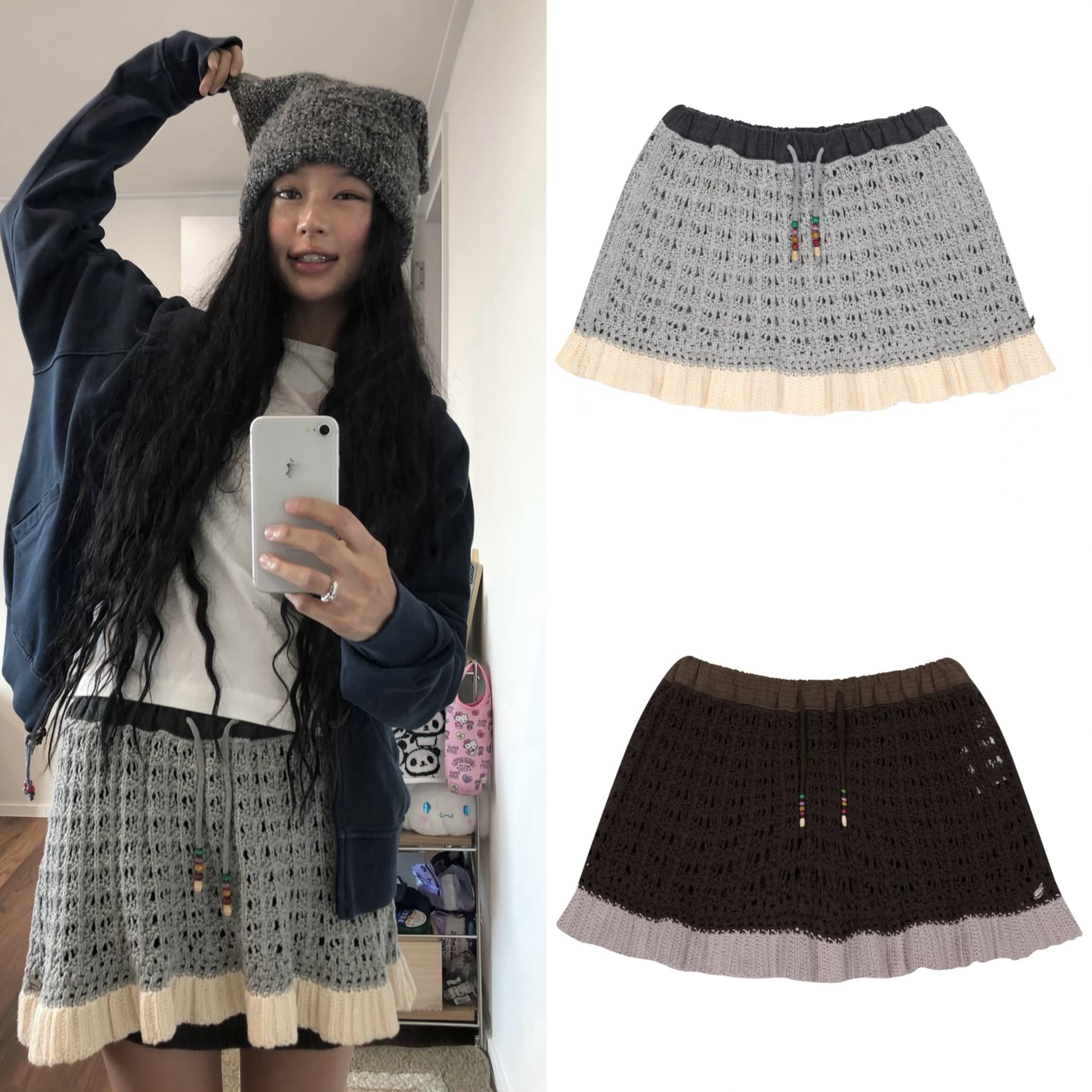 现韩国coyseio日系串珠荷叶花边复古镂空针织抽绳松紧腰短裙屁帘