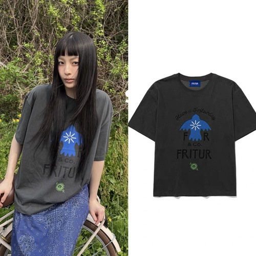 FRITUR韩国小众品牌减龄趣味印花简约休闲拼色短袖T恤上衣女