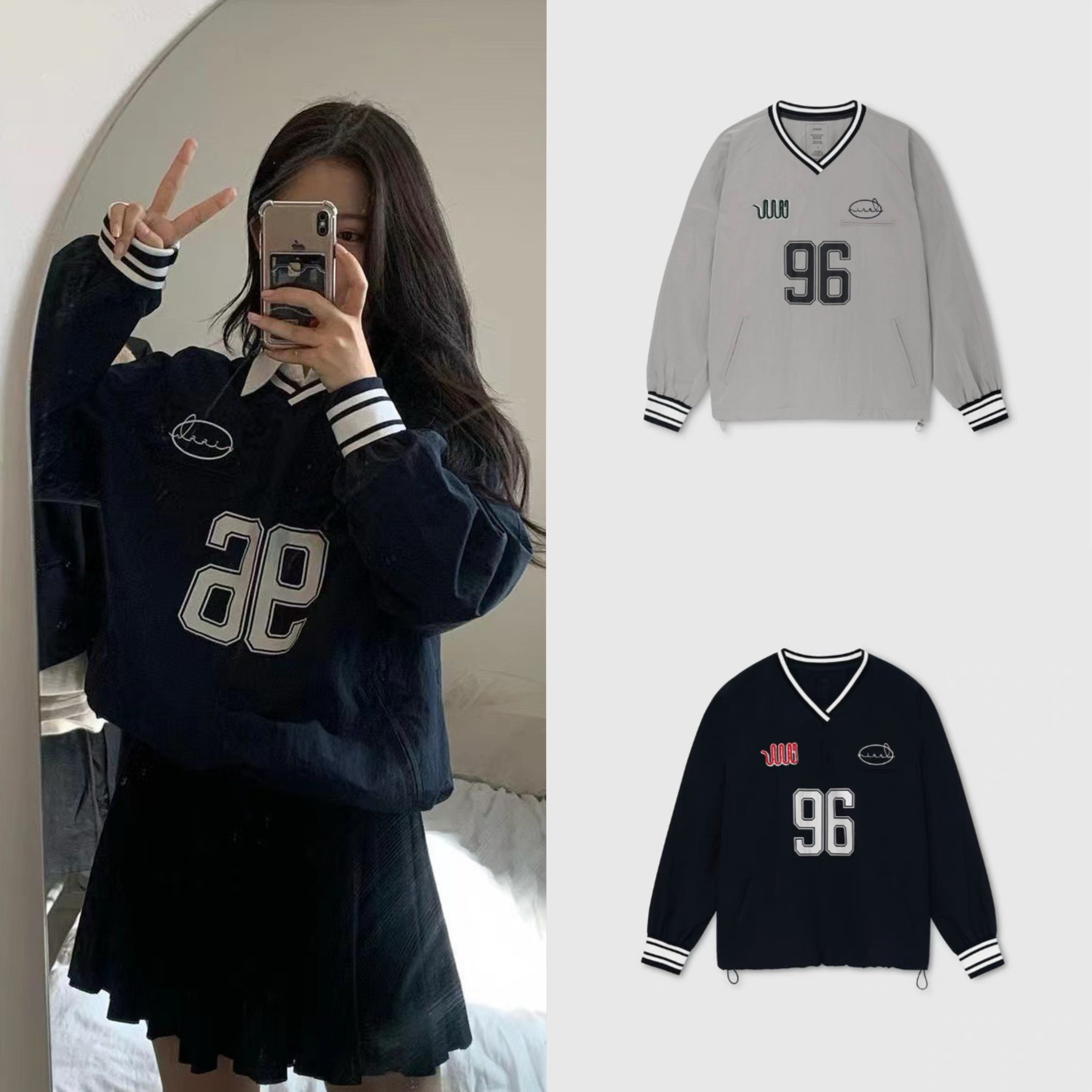 现韩国品牌nieeh复古球衣金智妮jennie同款美式v领刺绣棒球衣卫衣