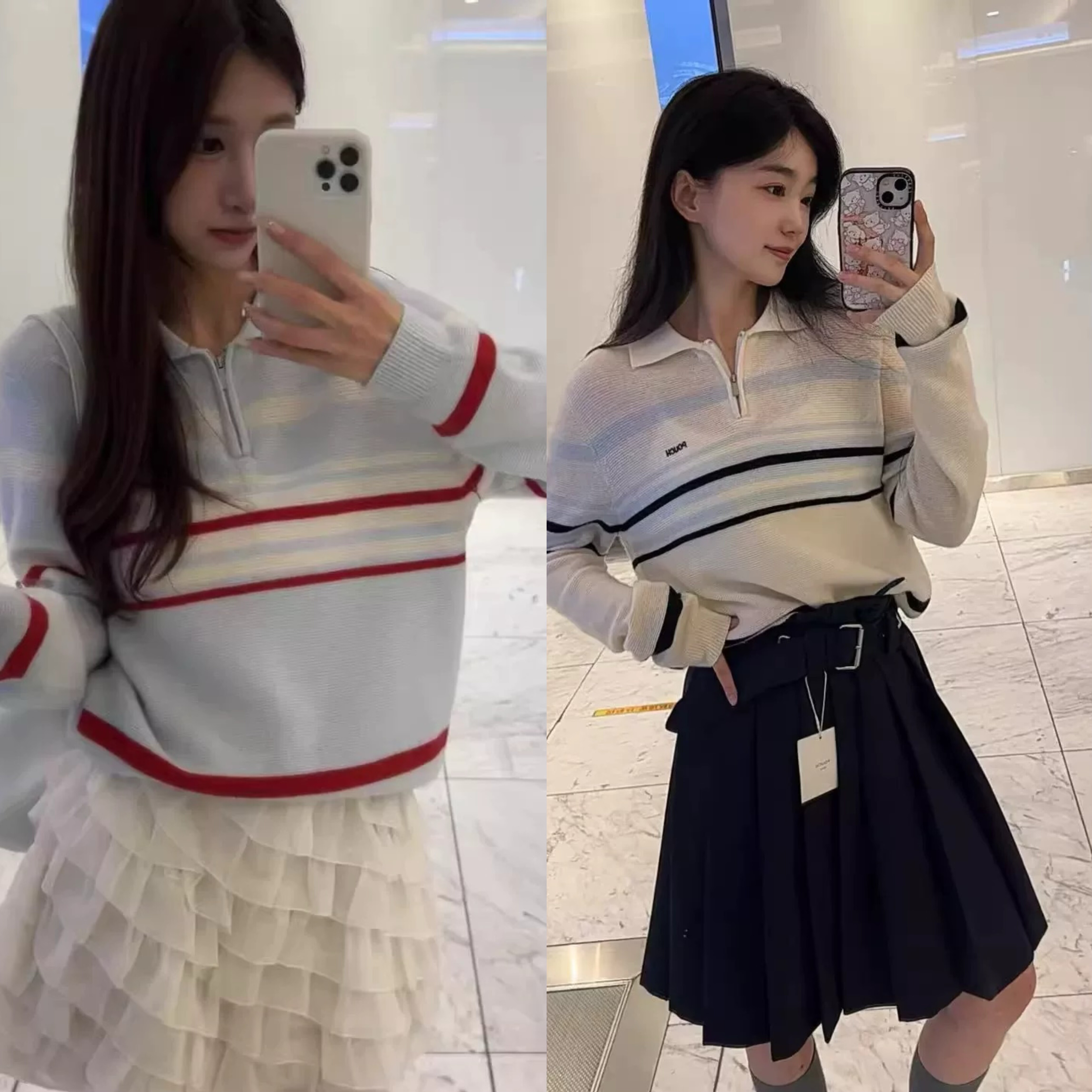 【现货】韩国pouch慵懒条纹毛衣新款秋冬polo拉链翻领针织衫上衣