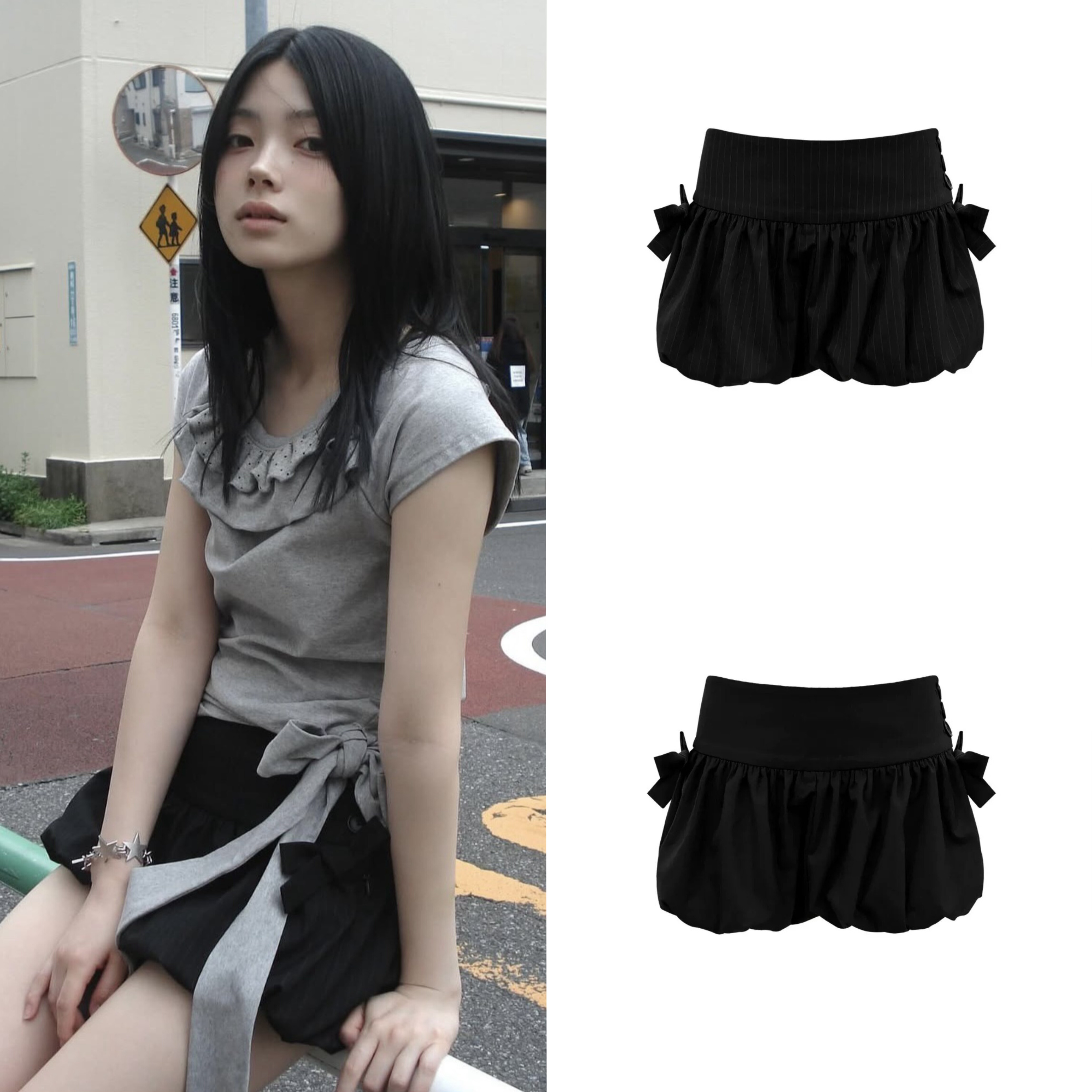 现货 chemehc 25夏季新款 甜美蝴蝶结系带条纹花苞裙半身裙裤短裤