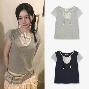 现货 韩国小众品牌 aeae26春可爱绑带韩系少女心撞色设计短袖T恤