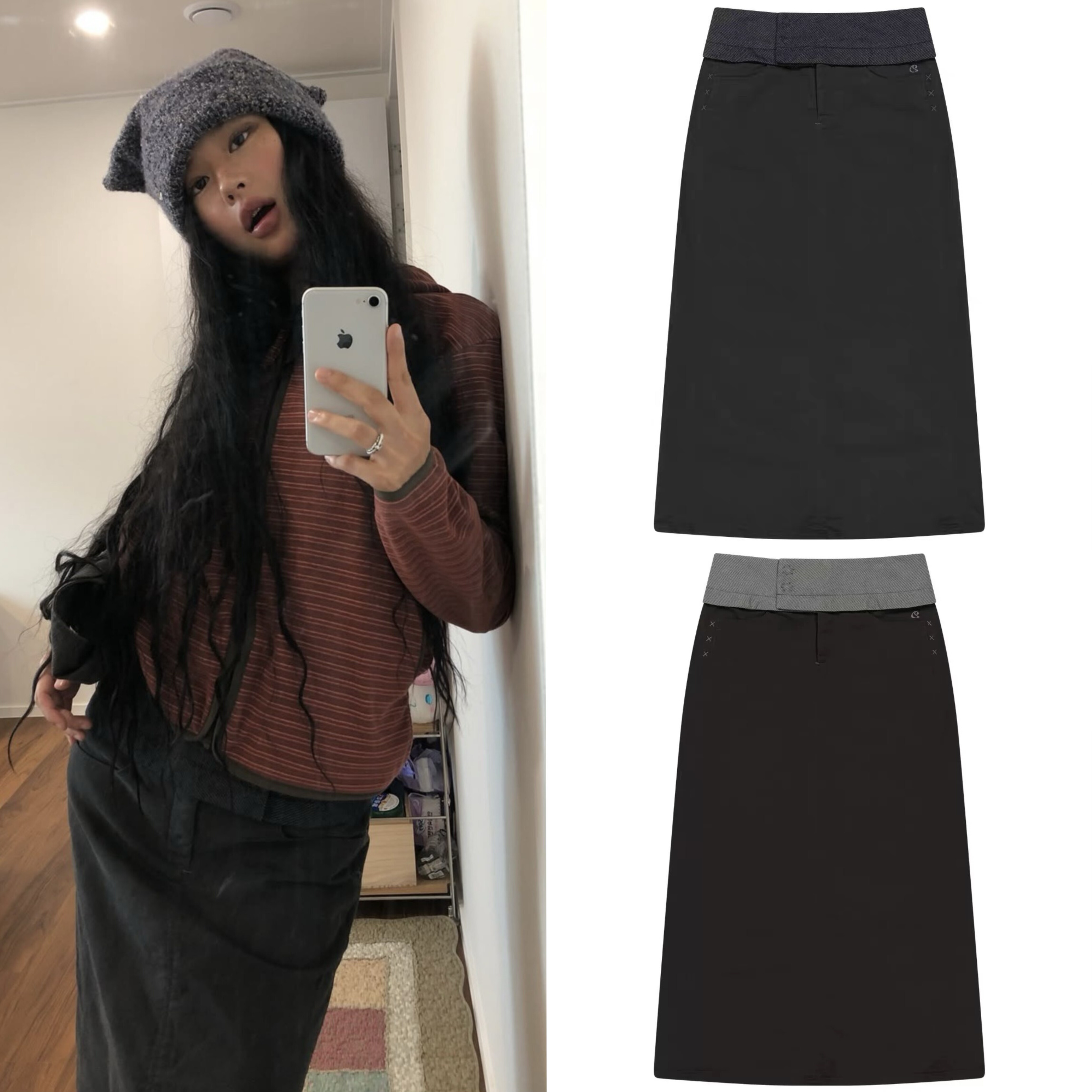 韩国Coyseio日系复古拼接撞色腰封背后下摆开叉修身半身裙中长裙