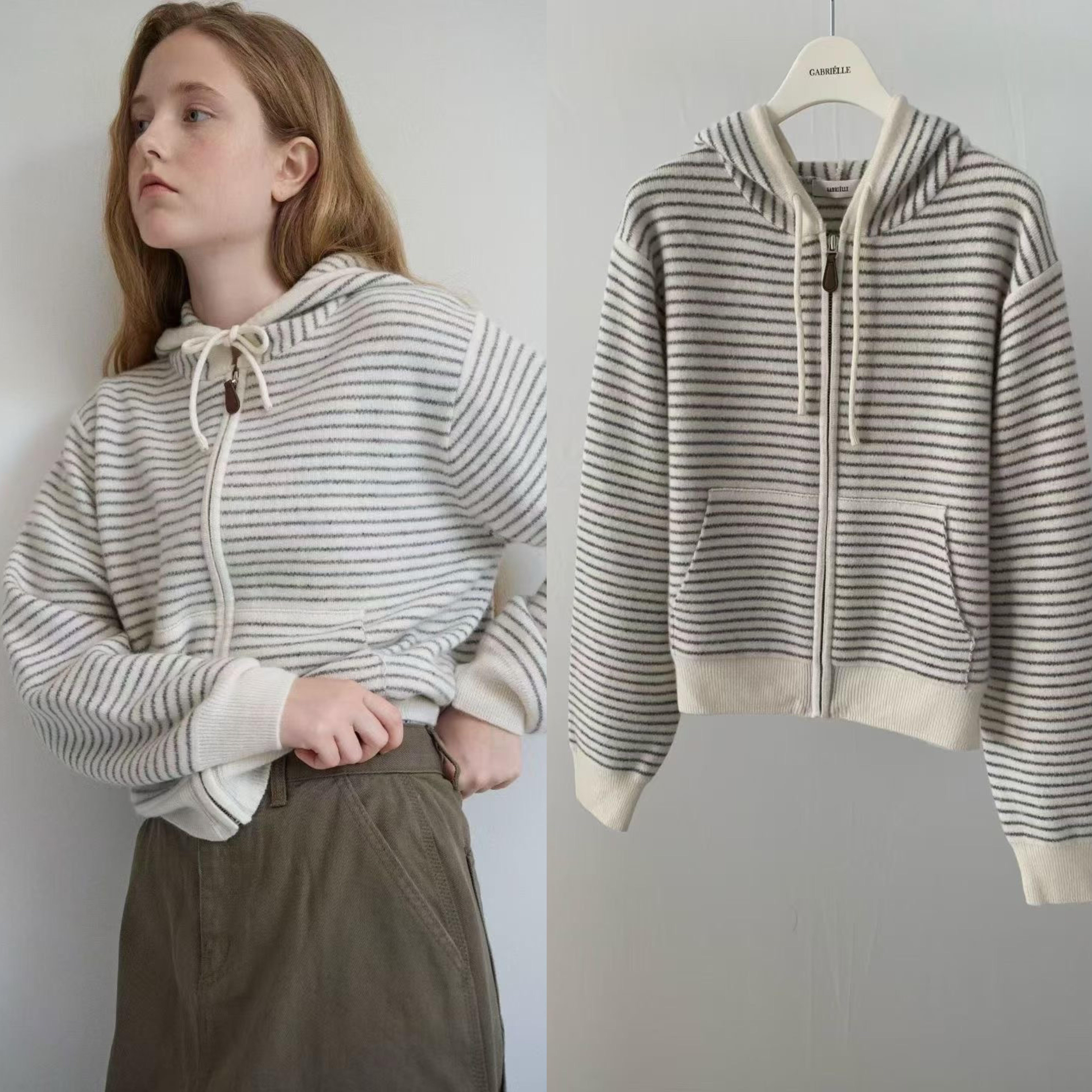 现 gabrielle韩国东大门女2025秋季新款洋气百搭拉链连帽针织开衫