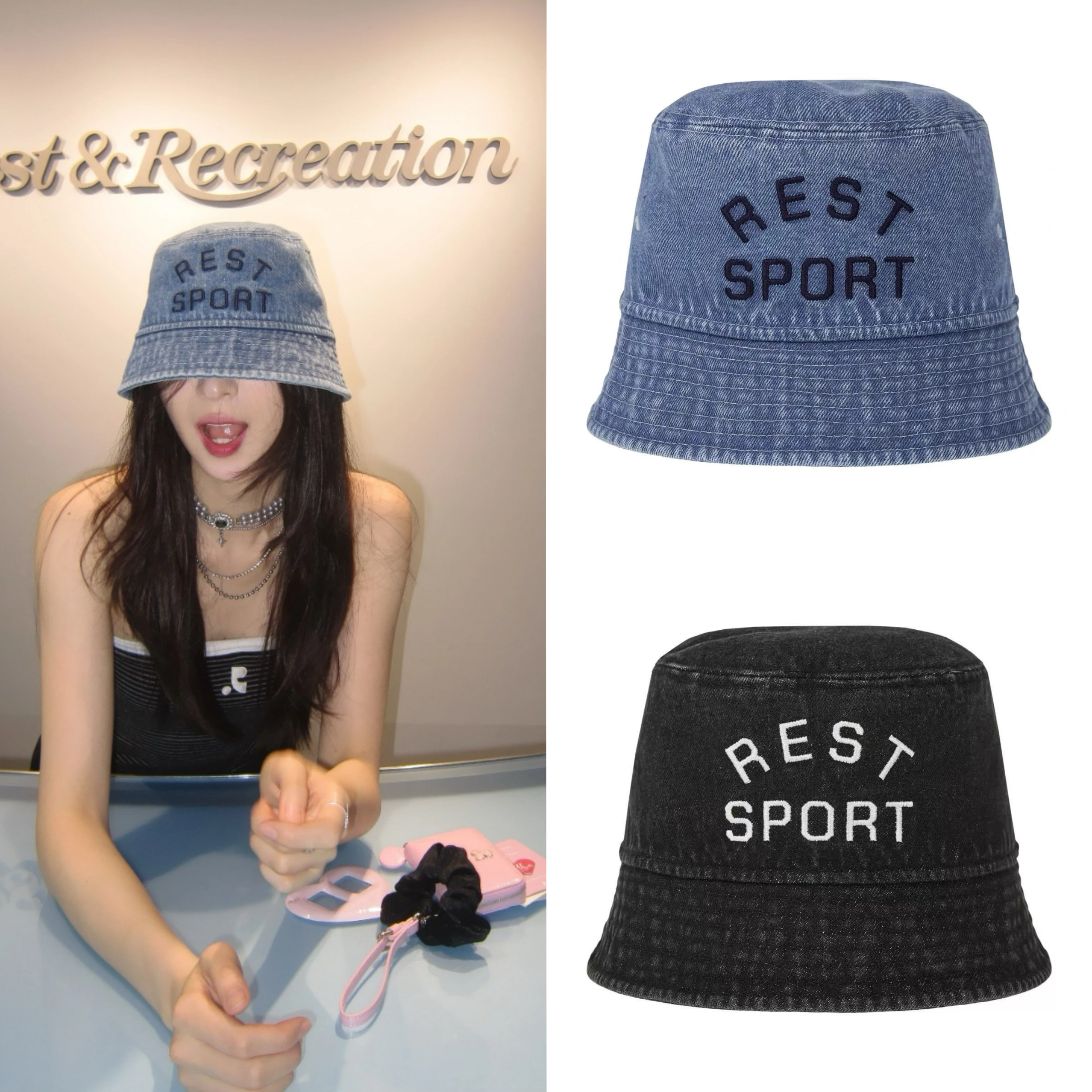 韩国品牌rest and recreation 复古水洗字母牛仔丹宁渔夫帽 帽子