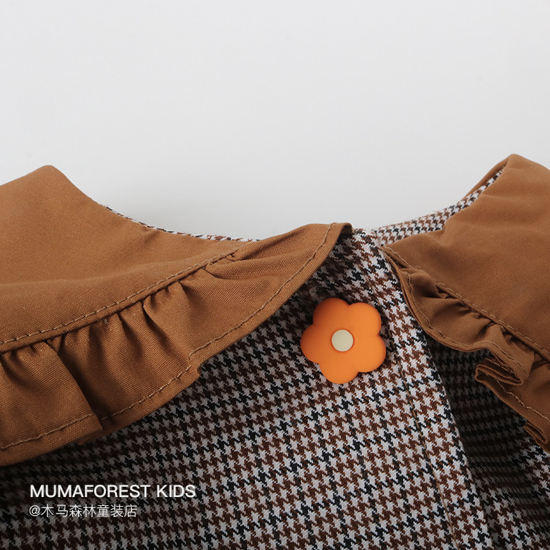 트로이 숲 봄과 가을 소녀 HOUNDSTOOTH 대형 옷깃 윈드 브레이커  소녀 꽃 단추 중간 길이 서양식 재킷