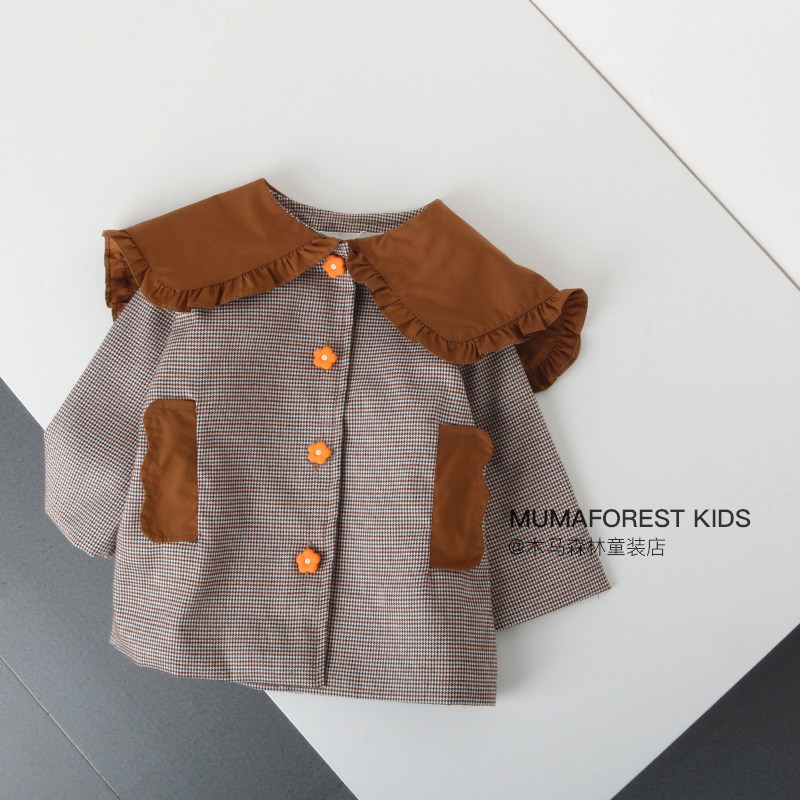 트로이 숲 봄과 가을 소녀 HOUNDSTOOTH 대형 옷깃 윈드 브레이커  소녀 꽃 단추 중간 길이 서양식 재킷