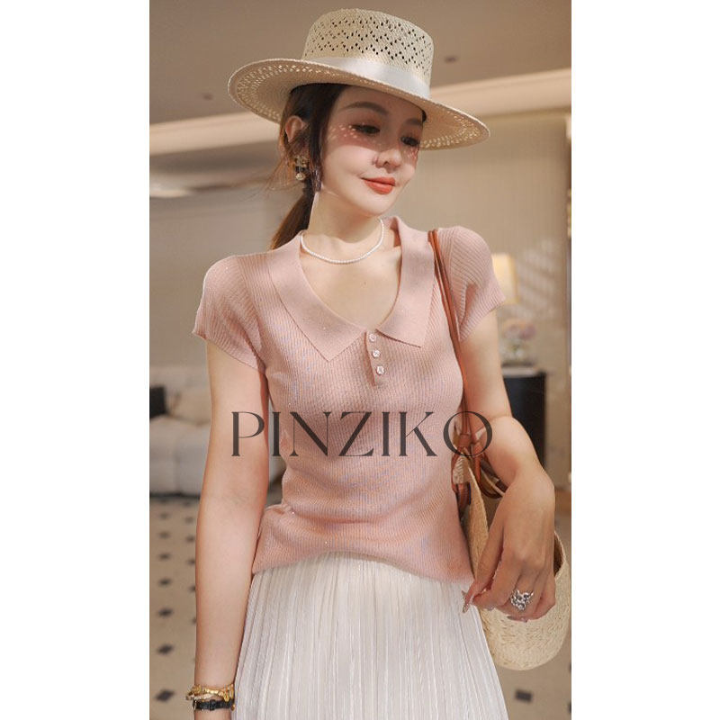 PINZIKO 大兔子 冰感polo衫显瘦T恤女短款纯色弹力透气针织衫