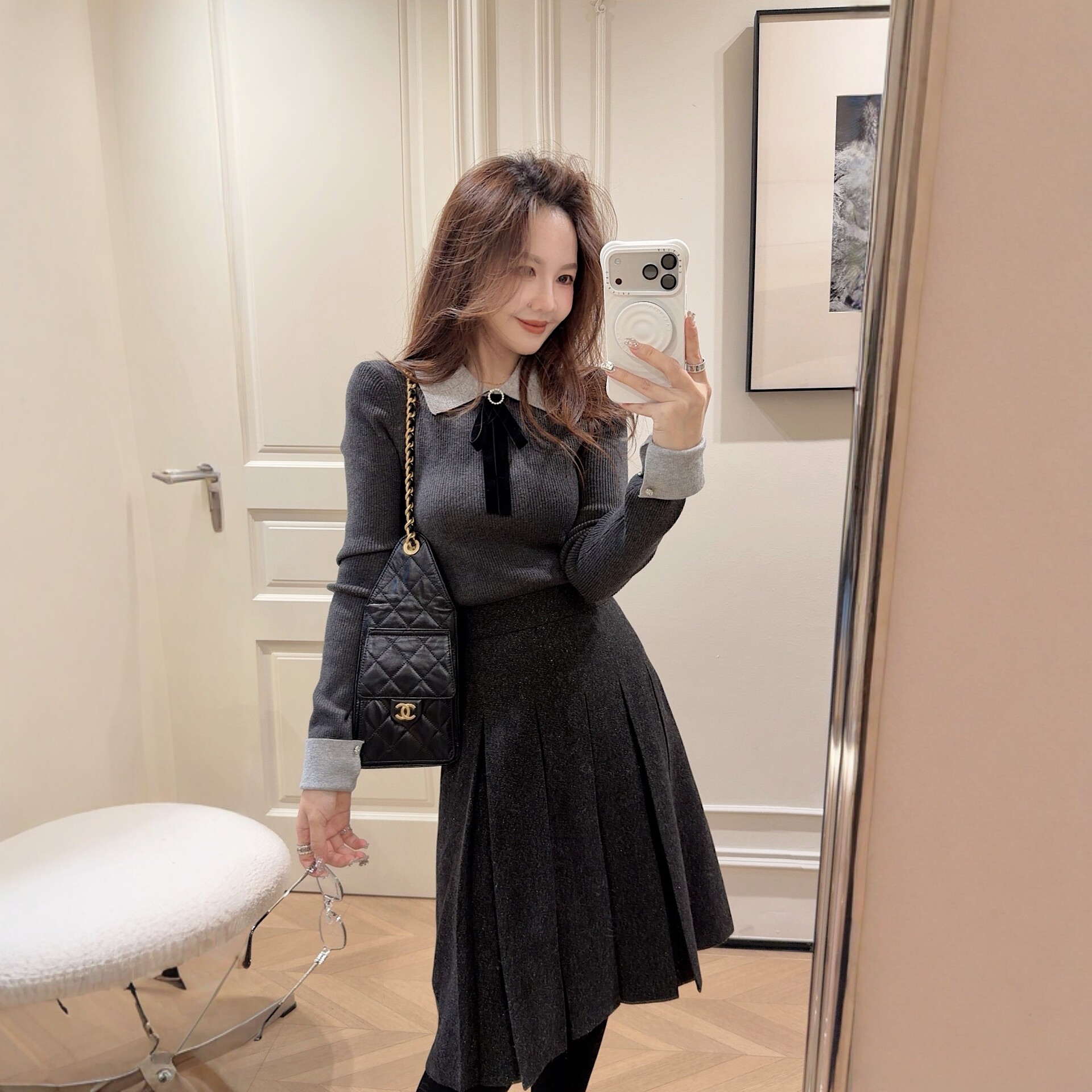 PINZIKO 大兔子 假两件秋冬针织衫法式修身新款法式减龄上衣女
