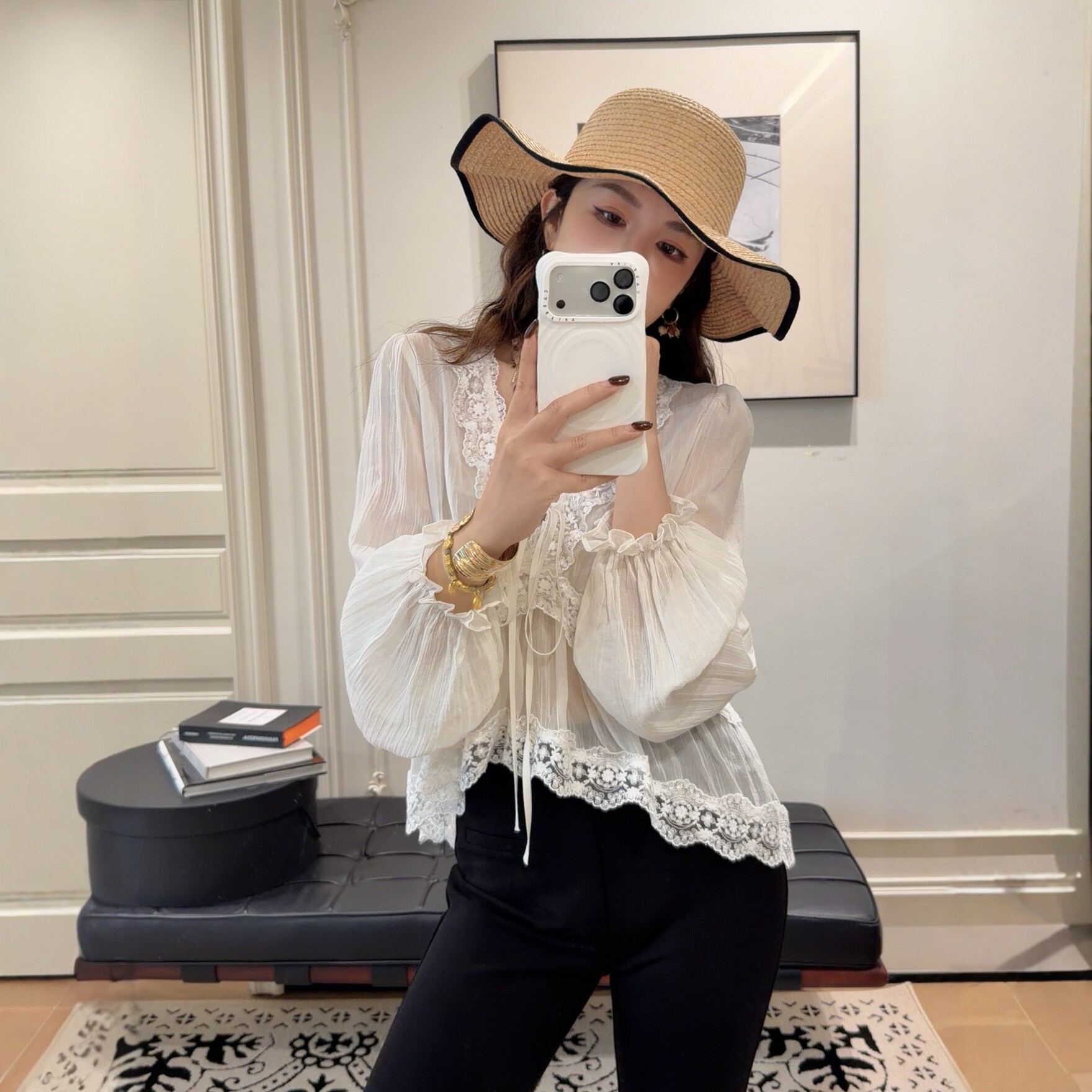 PINZIKO 大兔子 法式新款花边V领长袖衬衫女设计感温柔上衣