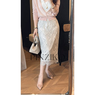 PINZIKO 大兔子 法式重工浮刺绣蕾丝半身裙女高腰长裙