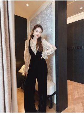 PINZIKO 大兔子 V领高腰丝绒背带裤女黑色法式休闲裤