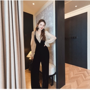 休闲裤 PINZIKO 女黑色法式 V领高腰丝绒背带裤 大兔子