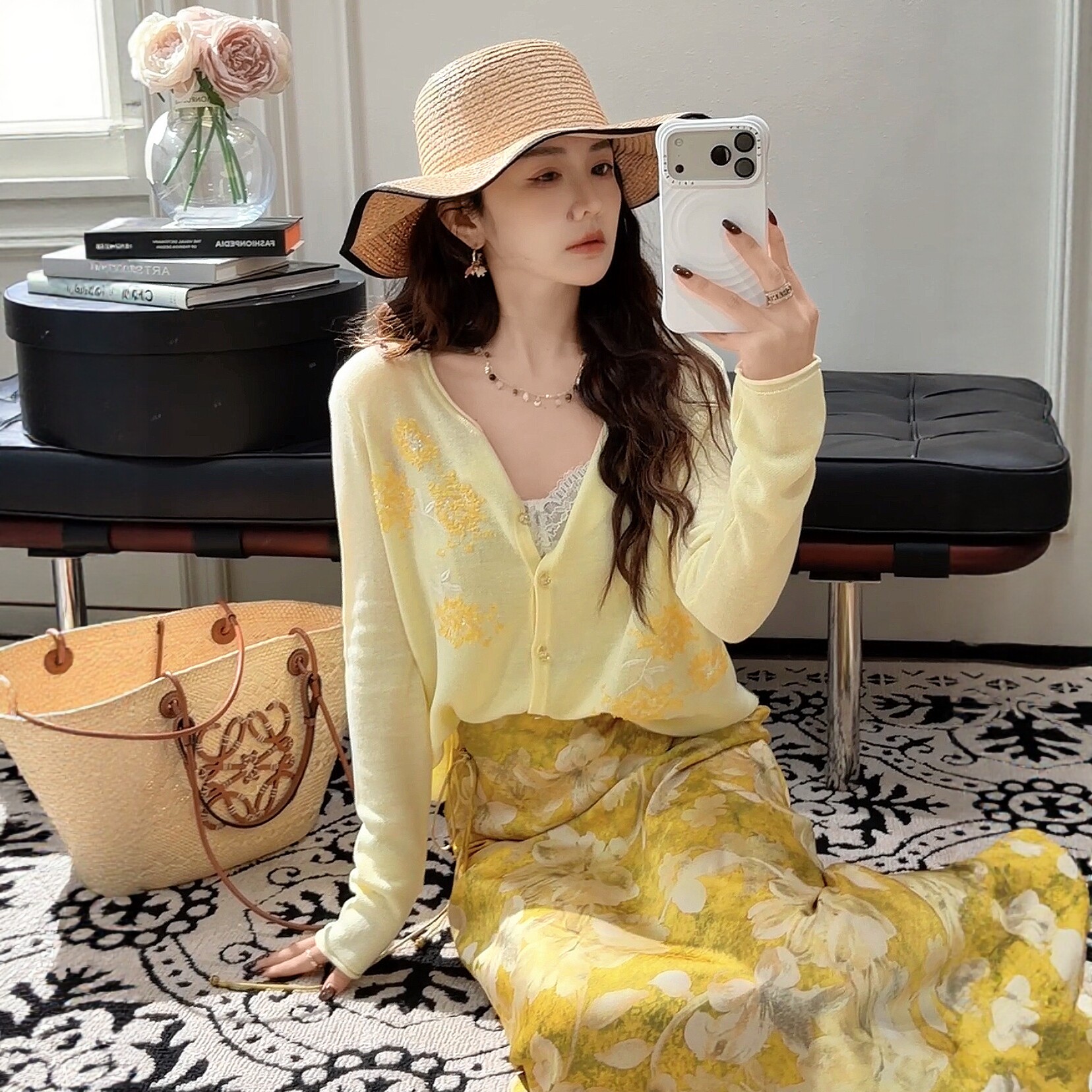 PINZIKO 大兔子  珠片绣花设计感针织开衫春女宽松上衣