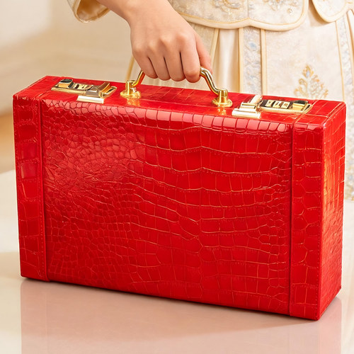 高档结婚礼金盒红色订婚皮箱子